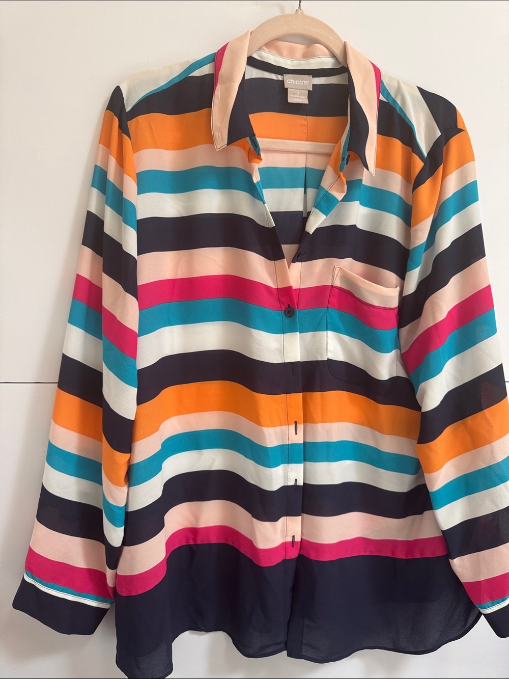 Chico's Multicolor Striped Button-Down Shirt - Navy, Turquoise & Pink